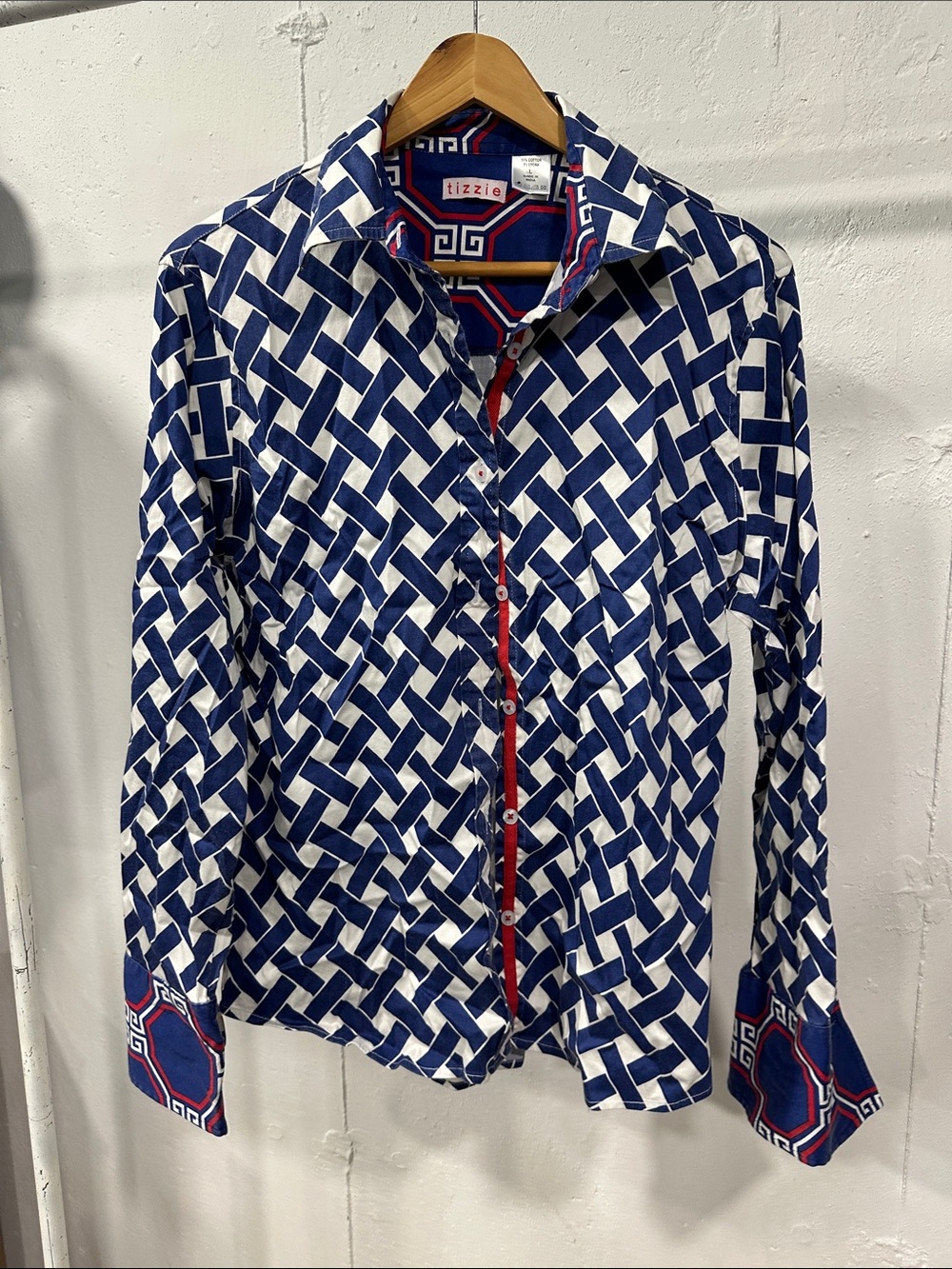 Women's Navy & White Geometric Button-Down Shirt with Red Trim
